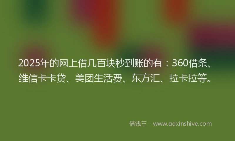 2025年的网上借几百块秒到账的有：360借条、维信卡卡贷、美团生活费、东方汇、拉卡拉等。