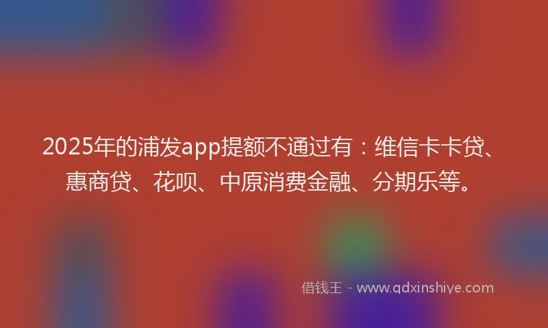 2025年的浦发app提额不通过有：维信卡卡贷、惠商贷、花呗、中原消费金融、分期乐等。