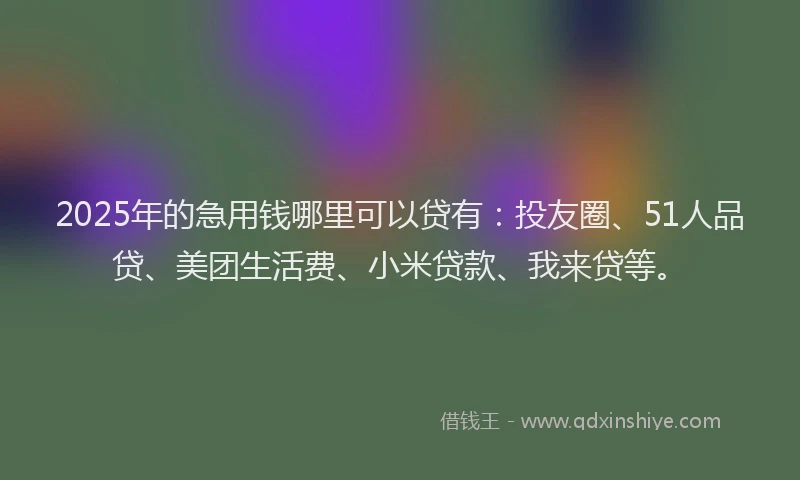 2025年的急用钱哪里可以贷有：投友圈、51人品贷、美团生活费、小米贷款、我来贷等。