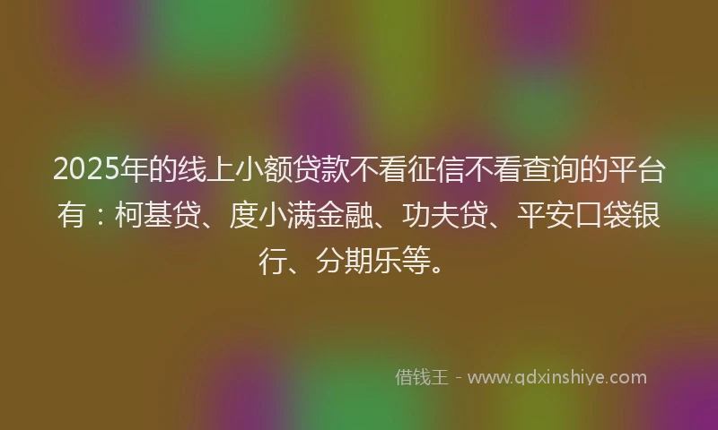 2025年的线上小额贷款不看征信不看查询的平台有：柯基贷、度小满金融、功夫贷、平安口袋银行、分期乐等。