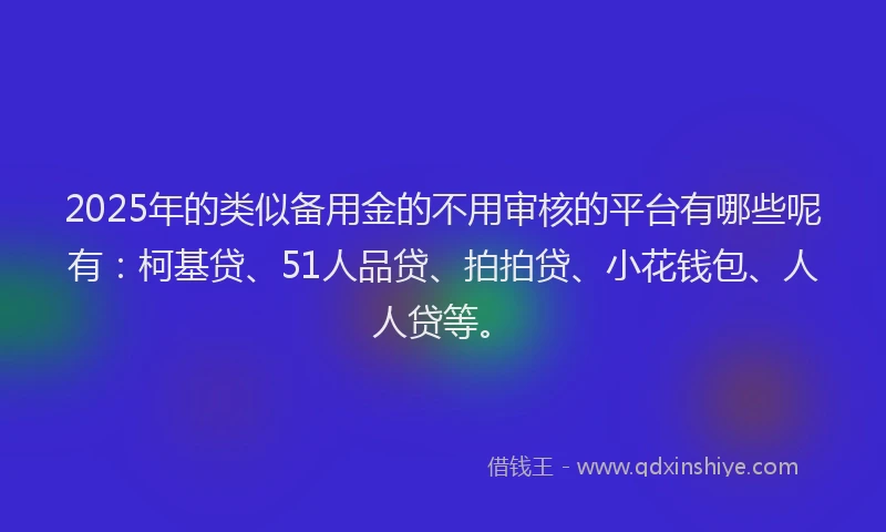 2025年的类似备用金的不用审核的平台有哪些呢有：柯基贷、51人品贷、拍拍贷、小花钱包、人人贷等。