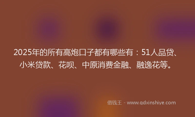 2025年的所有高炮口子都有哪些有：51人品贷、小米贷款、花呗、中原消费金融、融逸花等。