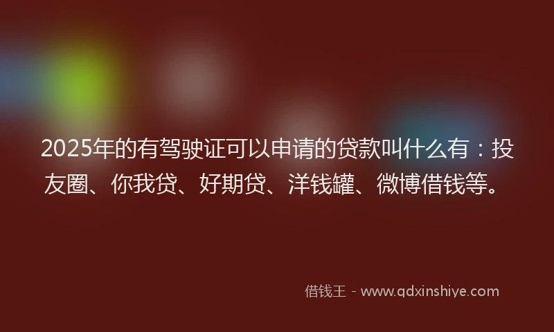 2025年的有驾驶证可以申请的贷款叫什么有：投友圈、你我贷、好期贷、洋钱罐、微博借钱等。