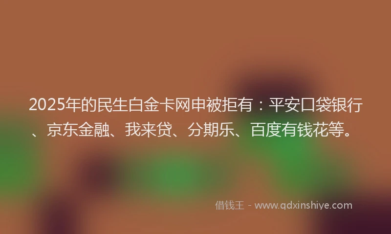 2025年的民生白金卡网申被拒有：平安口袋银行、京东金融、我来贷、分期乐、百度有钱花等。