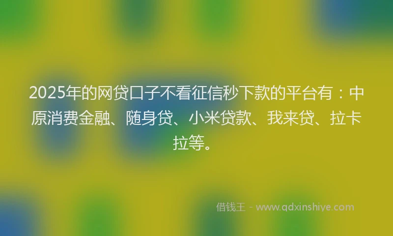 2025年的网贷口子不看征信秒下款的平台有：中原消费金融、随身贷、小米贷款、我来贷、拉卡拉等。