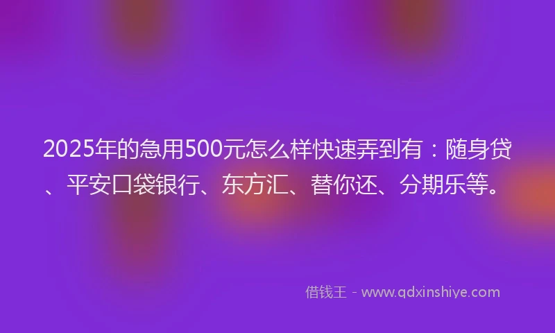 2025年的急用500元怎么样快速弄到有：随身贷、平安口袋银行、东方汇、替你还、分期乐等。