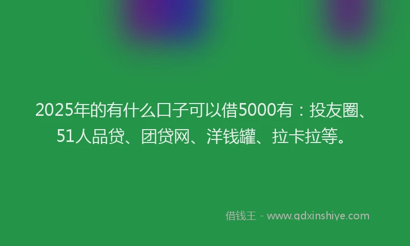 2025年的有什么口子可以借5000有：投友圈、51人品贷、团贷网、洋钱罐、拉卡拉等。