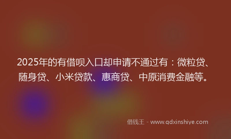 2025年的有借呗入口却申请不通过有：微粒贷、随身贷、小米贷款、惠商贷、中原消费金融等。