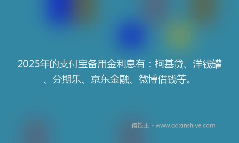 2025年的支付宝备用金利息有：柯基贷、洋钱罐、分期乐、京东金融、微博借钱等。