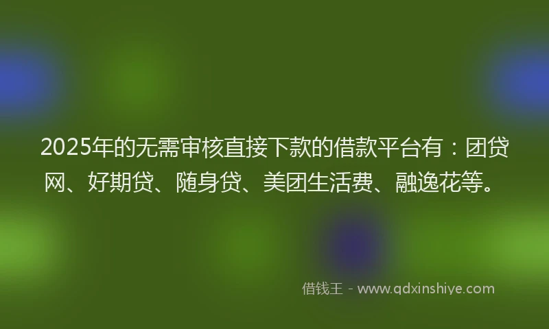 2025年的无需审核直接下款的借款平台有：团贷网、好期贷、随身贷、美团生活费、融逸花等。