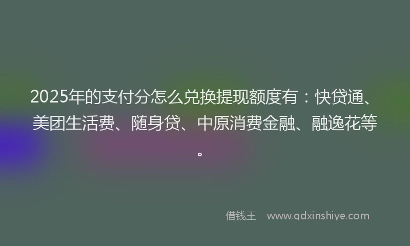 2025年的支付分怎么兑换提现额度有：快贷通、美团生活费、随身贷、中原消费金融、融逸花等。