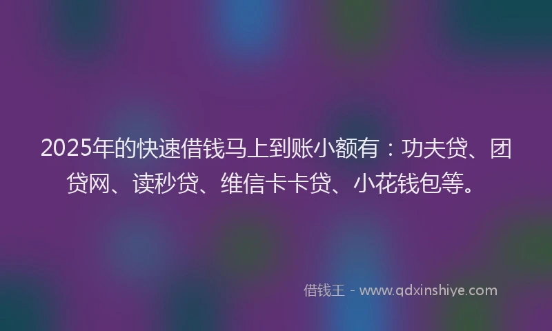 2025年的快速借钱马上到账小额有：功夫贷、团贷网、读秒贷、维信卡卡贷、小花钱包等。