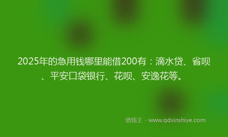 2025年的急用钱哪里能借200有：滴水贷、省呗、平安口袋银行、花呗、安逸花等。