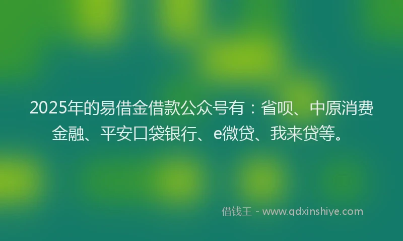 2025年的易借金借款公众号有：省呗、中原消费金融、平安口袋银行、e微贷、我来贷等。