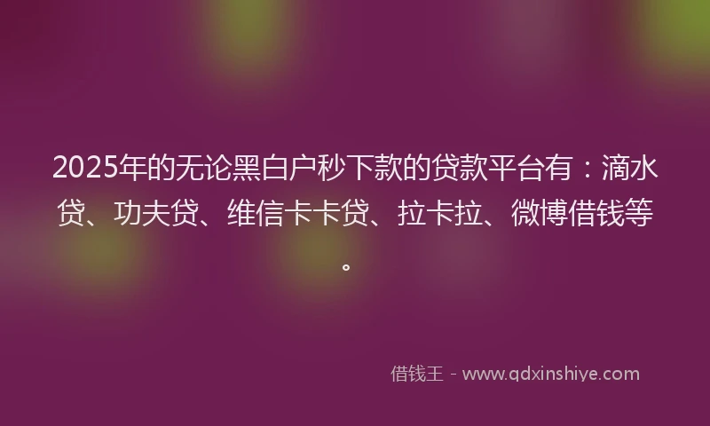 2025年的无论黑白户秒下款的贷款平台有：滴水贷、功夫贷、维信卡卡贷、拉卡拉、微博借钱等。
