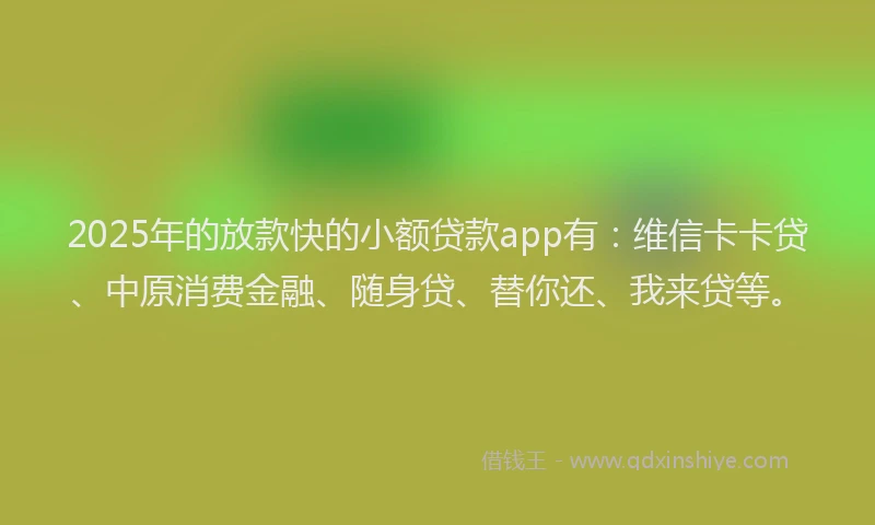 2025年的放款快的小额贷款app有：维信卡卡贷、中原消费金融、随身贷、替你还、我来贷等。