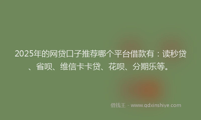 2025年的网贷口子推荐哪个平台借款有：读秒贷、省呗、维信卡卡贷、花呗、分期乐等。
