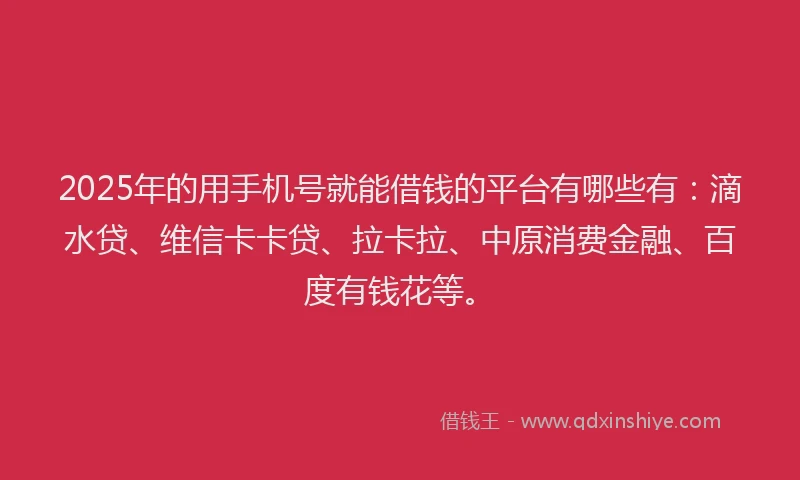 2025年的用手机号就能借钱的平台有哪些有：滴水贷、维信卡卡贷、拉卡拉、中原消费金融、百度有钱花等。