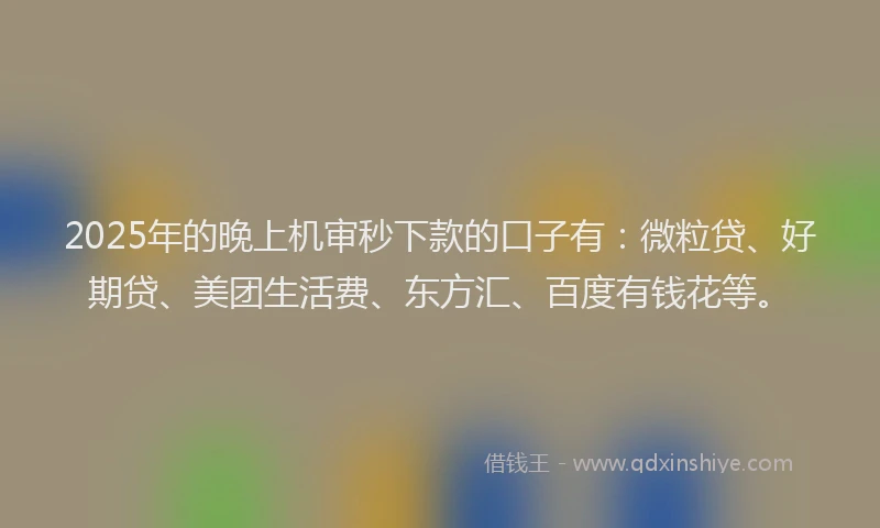 2025年的晚上机审秒下款的口子有：微粒贷、好期贷、美团生活费、东方汇、百度有钱花等。