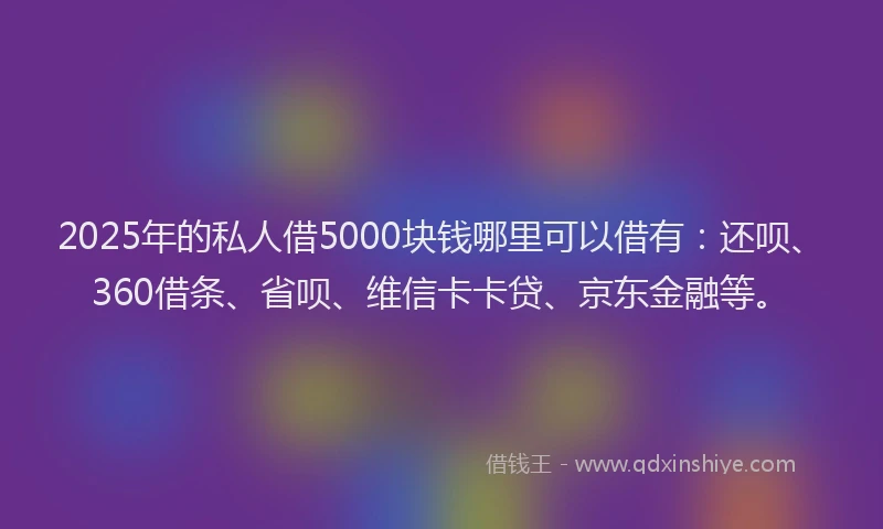 2025年的私人借5000块钱哪里可以借有：还呗、360借条、省呗、维信卡卡贷、京东金融等。
