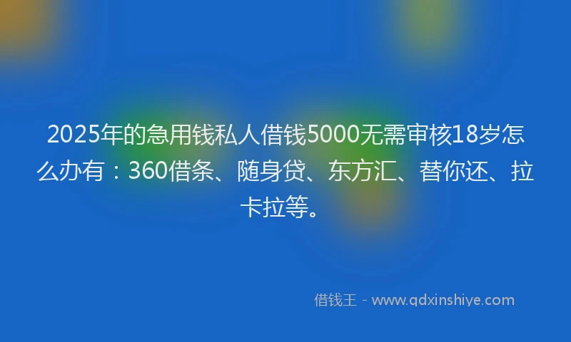 2025年的急用钱私人借钱5000无需审核18岁怎么办有：360借条、随身贷、东方汇、替你还、拉卡拉等。