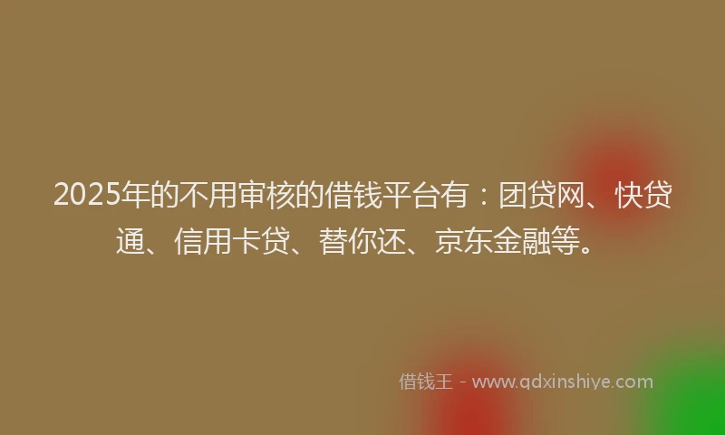 2025年的不用审核的借钱平台有：团贷网、快贷通、信用卡贷、替你还、京东金融等。