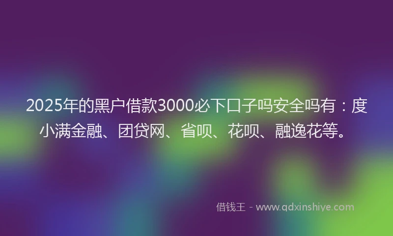 2025年的黑户借款3000必下口子吗安全吗有：度小满金融、团贷网、省呗、花呗、融逸花等。