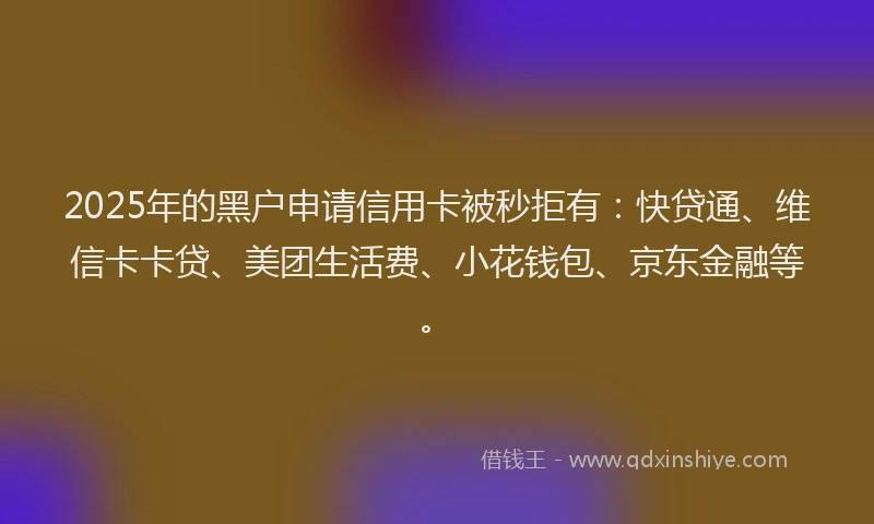 2025年的黑户申请信用卡被秒拒有：快贷通、维信卡卡贷、美团生活费、小花钱包、京东金融等。