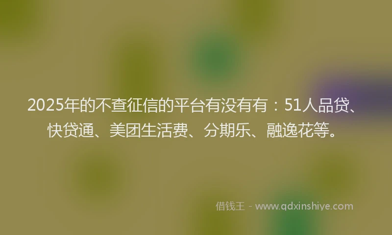 2025年的不查征信的平台有没有有：51人品贷、快贷通、美团生活费、分期乐、融逸花等。