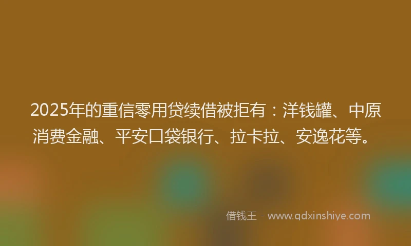 2025年的重信零用贷续借被拒有：洋钱罐、中原消费金融、平安口袋银行、拉卡拉、安逸花等。