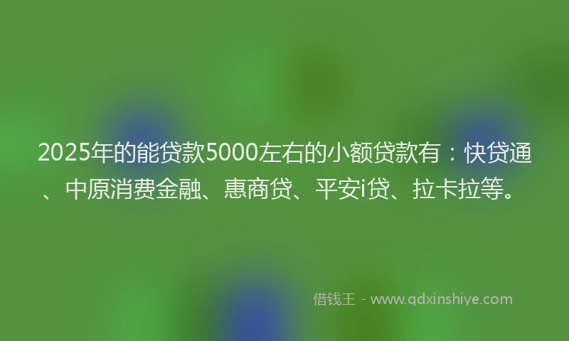2025年的能贷款5000左右的小额贷款有：快贷通、中原消费金融、惠商贷、平安i贷、拉卡拉等。