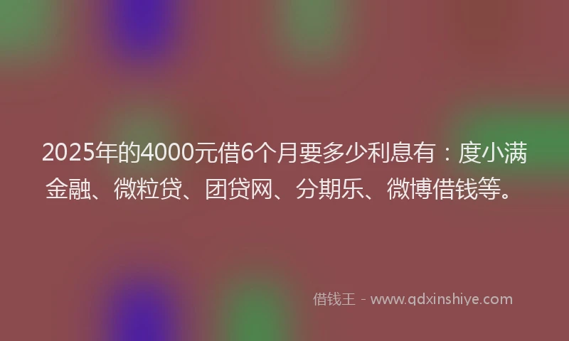 2025年的4000元借6个月要多少利息有：度小满金融、微粒贷、团贷网、分期乐、微博借钱等。