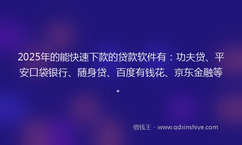 2025年的能快速下款的贷款软件有：功夫贷、平安口袋银行、随身贷、百度有钱花、京东金融等。