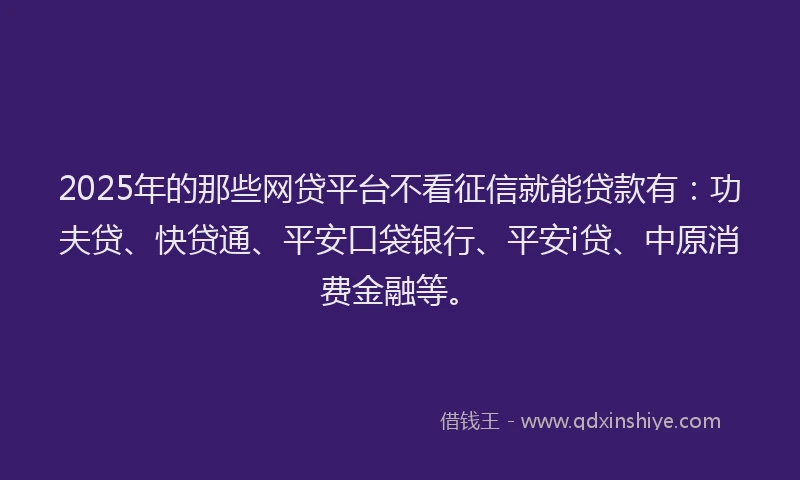 2025年的那些网贷平台不看征信就能贷款有：功夫贷、快贷通、平安口袋银行、平安i贷、中原消费金融等。