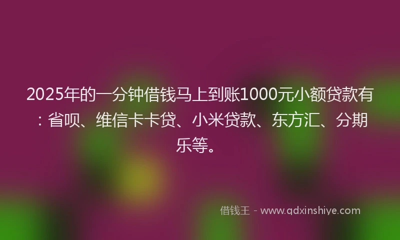 2025年的一分钟借钱马上到账1000元小额贷款有：省呗、维信卡卡贷、小米贷款、东方汇、分期乐等。