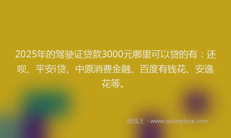2025年的驾驶证贷款3000元哪里可以贷的有：还呗、平安i贷、中原消费金融、百度有钱花、安逸花等。