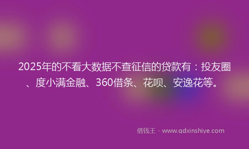 2025年的不看大数据不查征信的贷款有：投友圈、度小满金融、360借条、花呗、安逸花等。