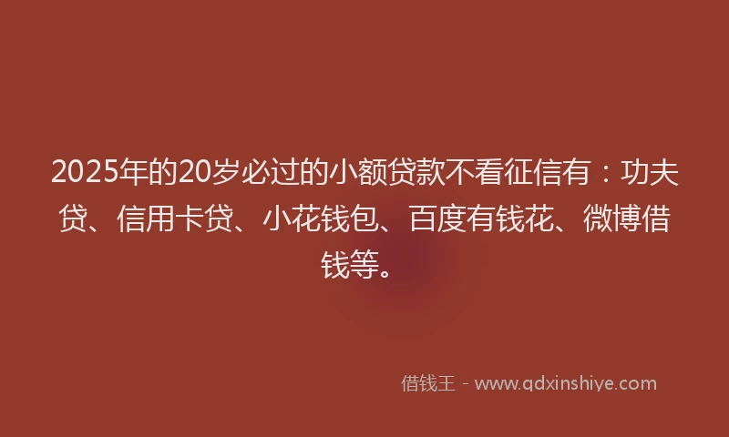 2025年的20岁必过的小额贷款不看征信有：功夫贷、信用卡贷、小花钱包、百度有钱花、微博借钱等。
