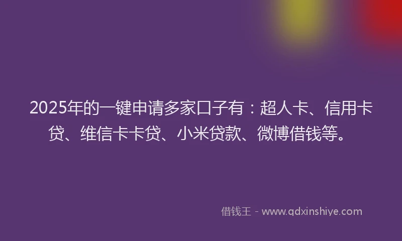 2025年的一键申请多家口子有：超人卡、信用卡贷、维信卡卡贷、小米贷款、微博借钱等。