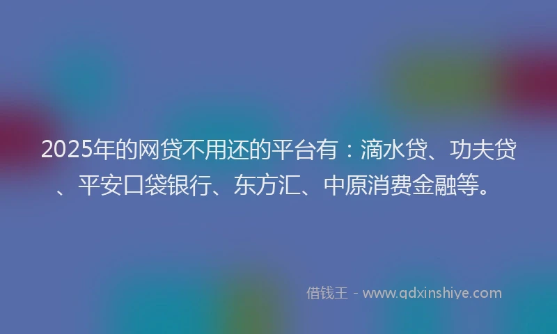 2025年的网贷不用还的平台有：滴水贷、功夫贷、平安口袋银行、东方汇、中原消费金融等。