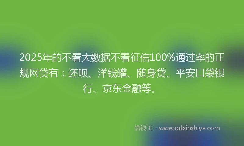 2025年的不看大数据不看征信100%通过率的正规网贷有：还呗、洋钱罐、随身贷、平安口袋银行、京东金融等。