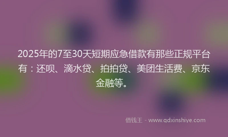 2025年的7至30天短期应急借款有那些正规平台有：还呗、滴水贷、拍拍贷、美团生活费、京东金融等。