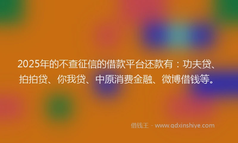 2025年的不查征信的借款平台还款有：功夫贷、拍拍贷、你我贷、中原消费金融、微博借钱等。