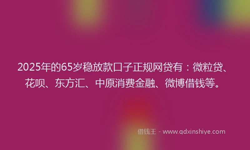 2025年的65岁稳放款口子正规网贷有：微粒贷、花呗、东方汇、中原消费金融、微博借钱等。