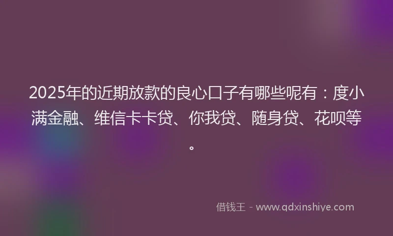 2025年的近期放款的良心口子有哪些呢有：度小满金融、维信卡卡贷、你我贷、随身贷、花呗等。