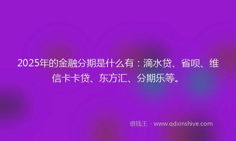 2025年的金融分期是什么有：滴水贷、省呗、维信卡卡贷、东方汇、分期乐等。