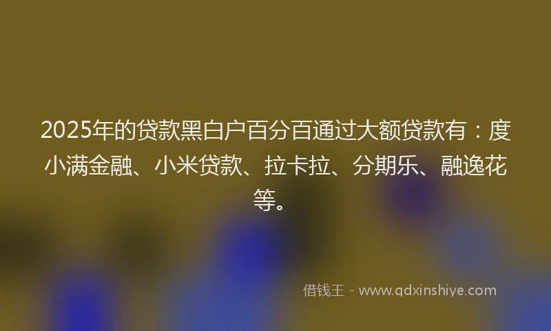 2025年的贷款黑白户百分百通过大额贷款有：度小满金融、小米贷款、拉卡拉、分期乐、融逸花等。