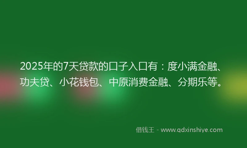 2025年的7天贷款的口子入口有：度小满金融、功夫贷、小花钱包、中原消费金融、分期乐等。