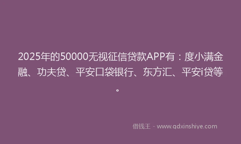 2025年的50000无视征信贷款APP有：度小满金融、功夫贷、平安口袋银行、东方汇、平安i贷等。