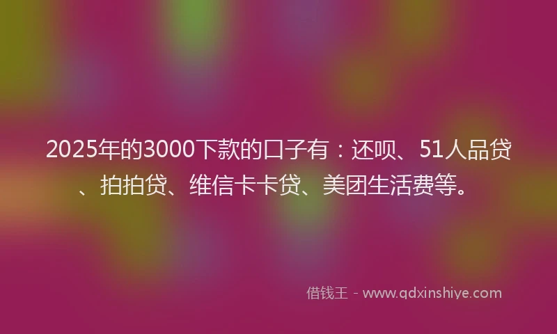 2025年的3000下款的口子有：还呗、51人品贷、拍拍贷、维信卡卡贷、美团生活费等。